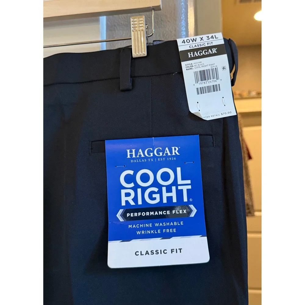 Men's NWT‎ Haggar Cool Right Black Performance Classic Fit Dress Pants 40W X 34L